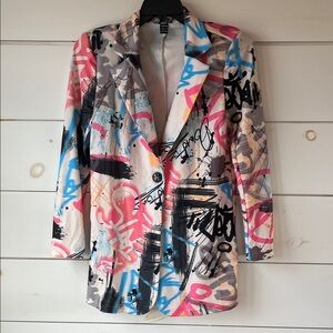 SHEIN Graffiti Print Blazer in Pink, Blue, Black & Gray